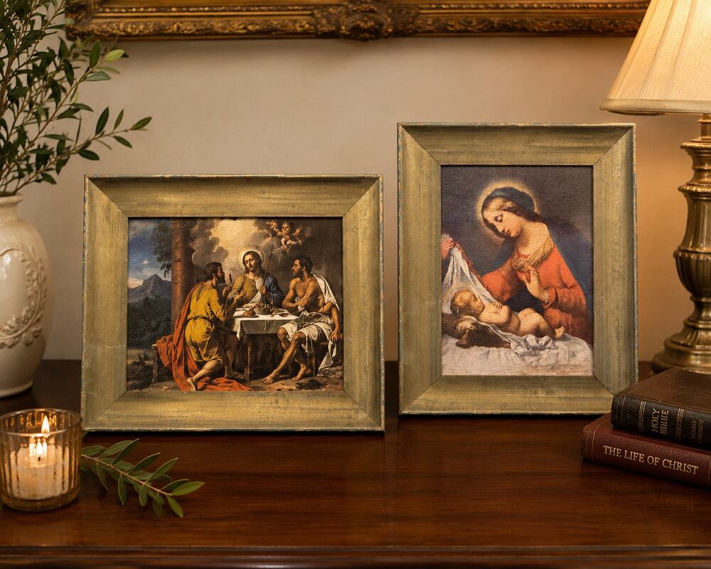 Pair of Vintage Framed Religious Prints Madonna Child & Supper at Emmaus